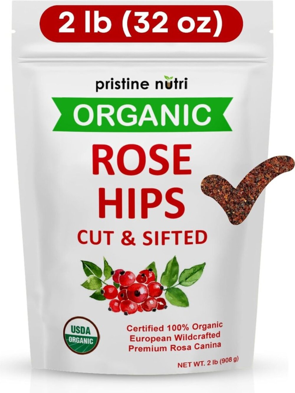 Organic Dried Rose Hips - 2lb Cut & Sifted Herbal Tea, Natural Remedies